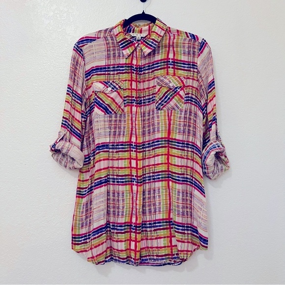 CAbi Button Down Colorful Plaid Blouse Top Long Sleeve SZ M - Picture 4 of 15